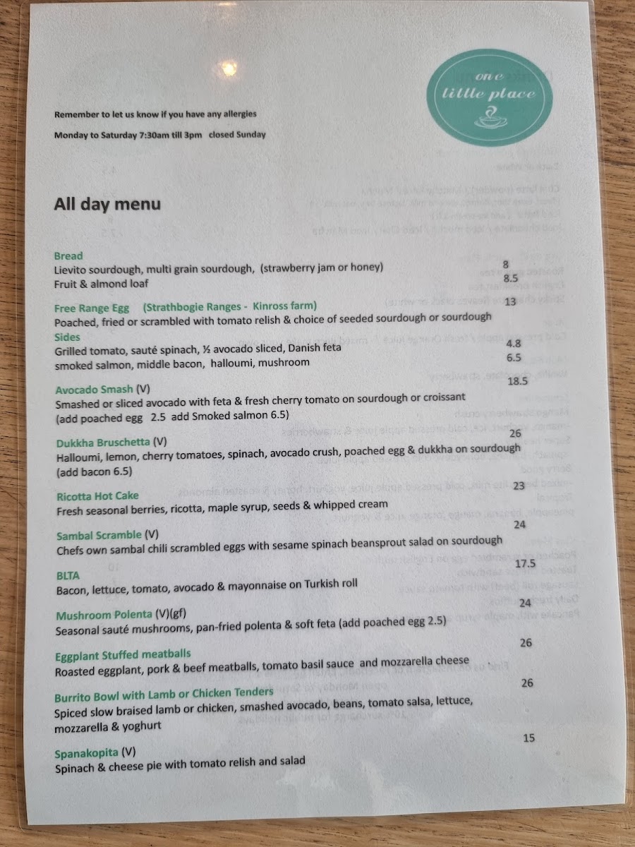 One Little Place menu board