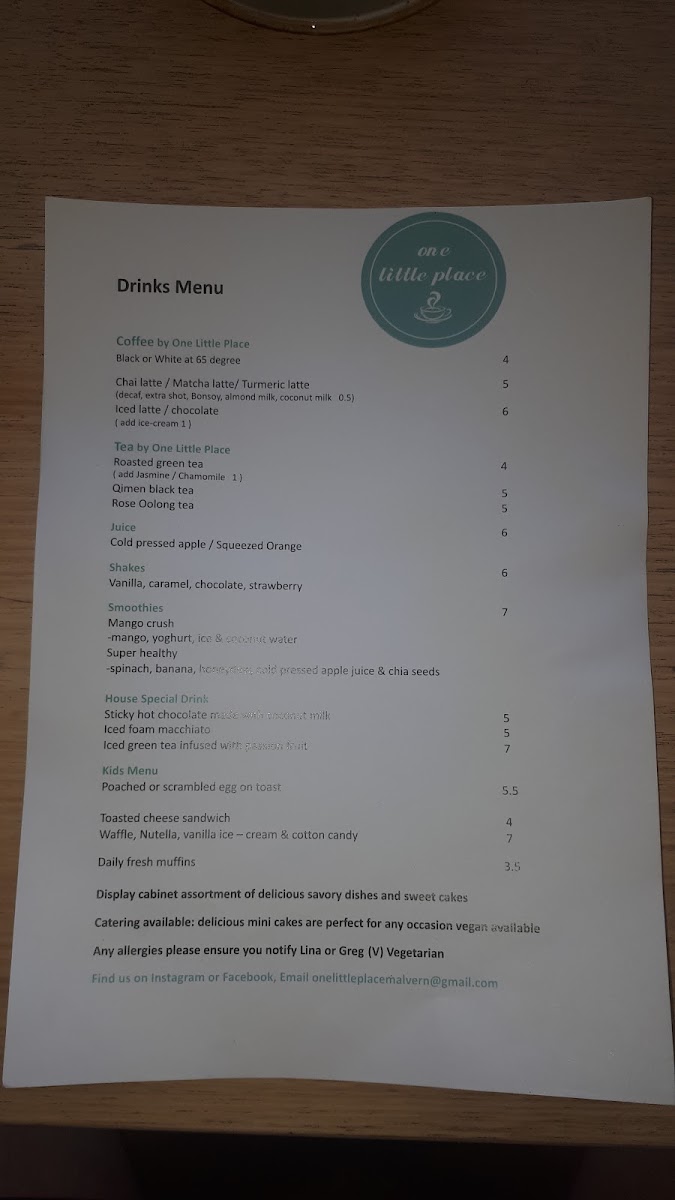 One Little Place menu board