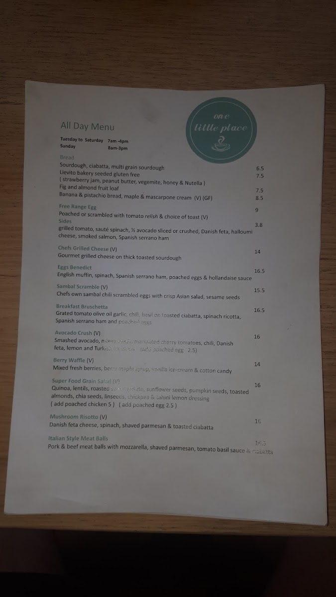 One Little Place menu board