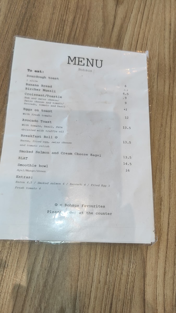 Bohäus Cafe menu board