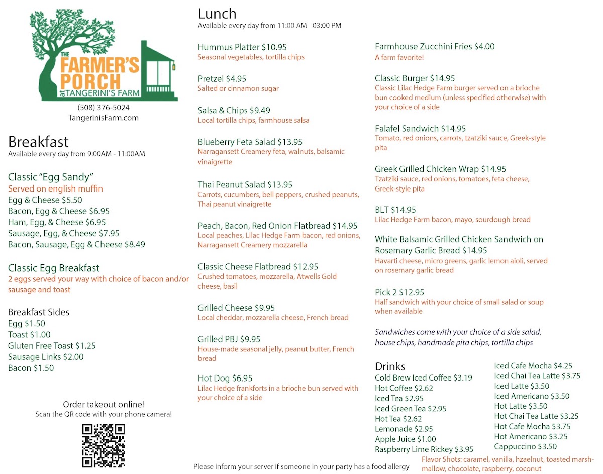The Farmer's Porch at Tangerini's Farm menu board