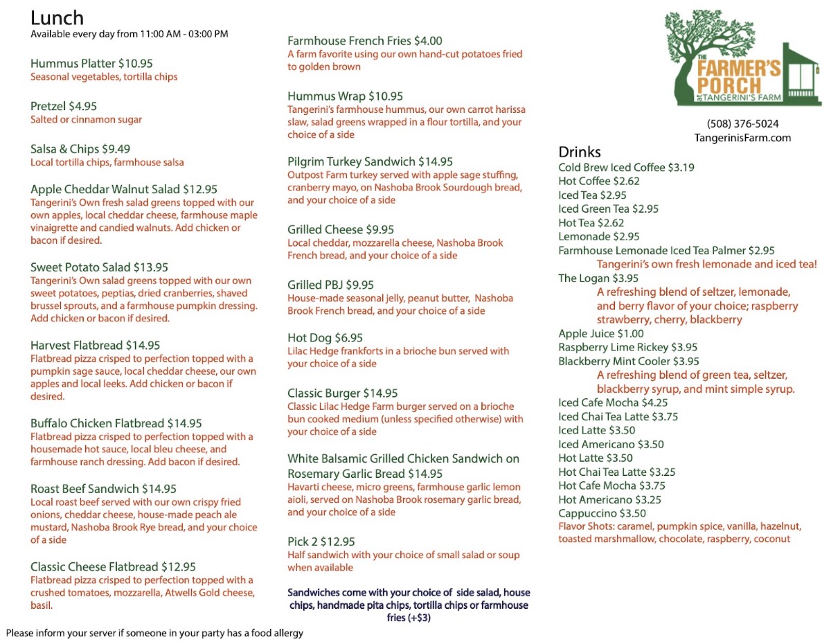 The Farmer's Porch at Tangerini's Farm menu board