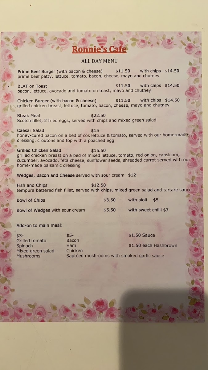 Ronnie's Cafe menu board