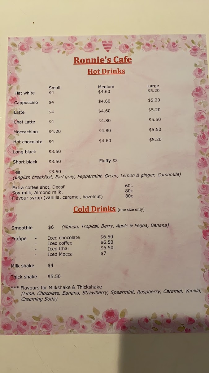Ronnie's Cafe menu board