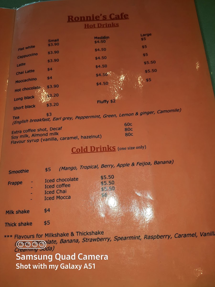 Ronnie's Cafe menu board