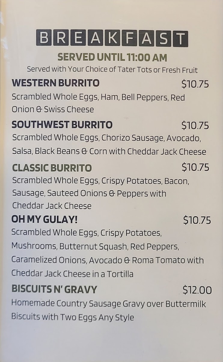 Meg's Timberline Cafe menu board