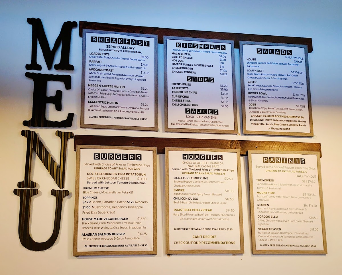 Meg's Timberline Cafe menu board