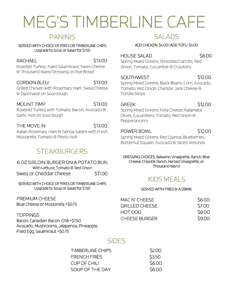 Meg's Timberline Cafe menu board
