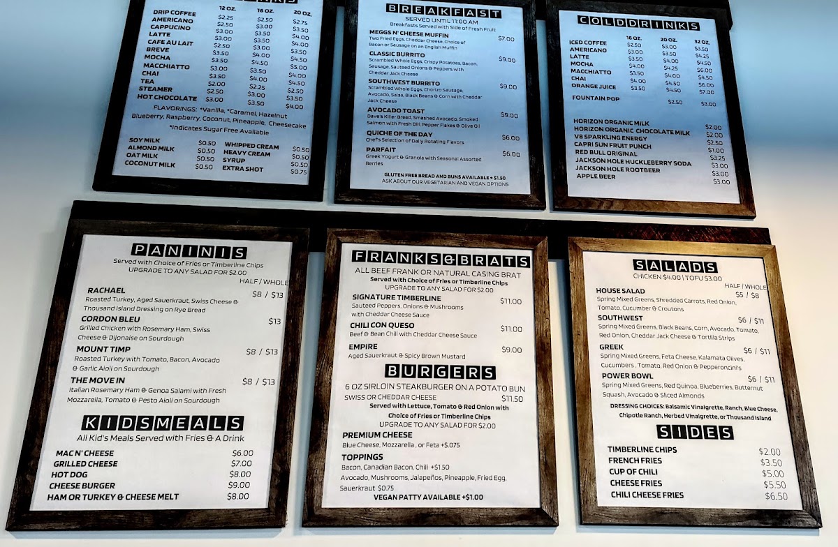 Meg's Timberline Cafe menu board