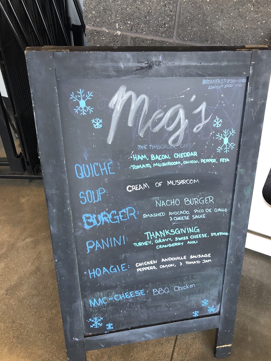Meg's Timberline Cafe menu board
