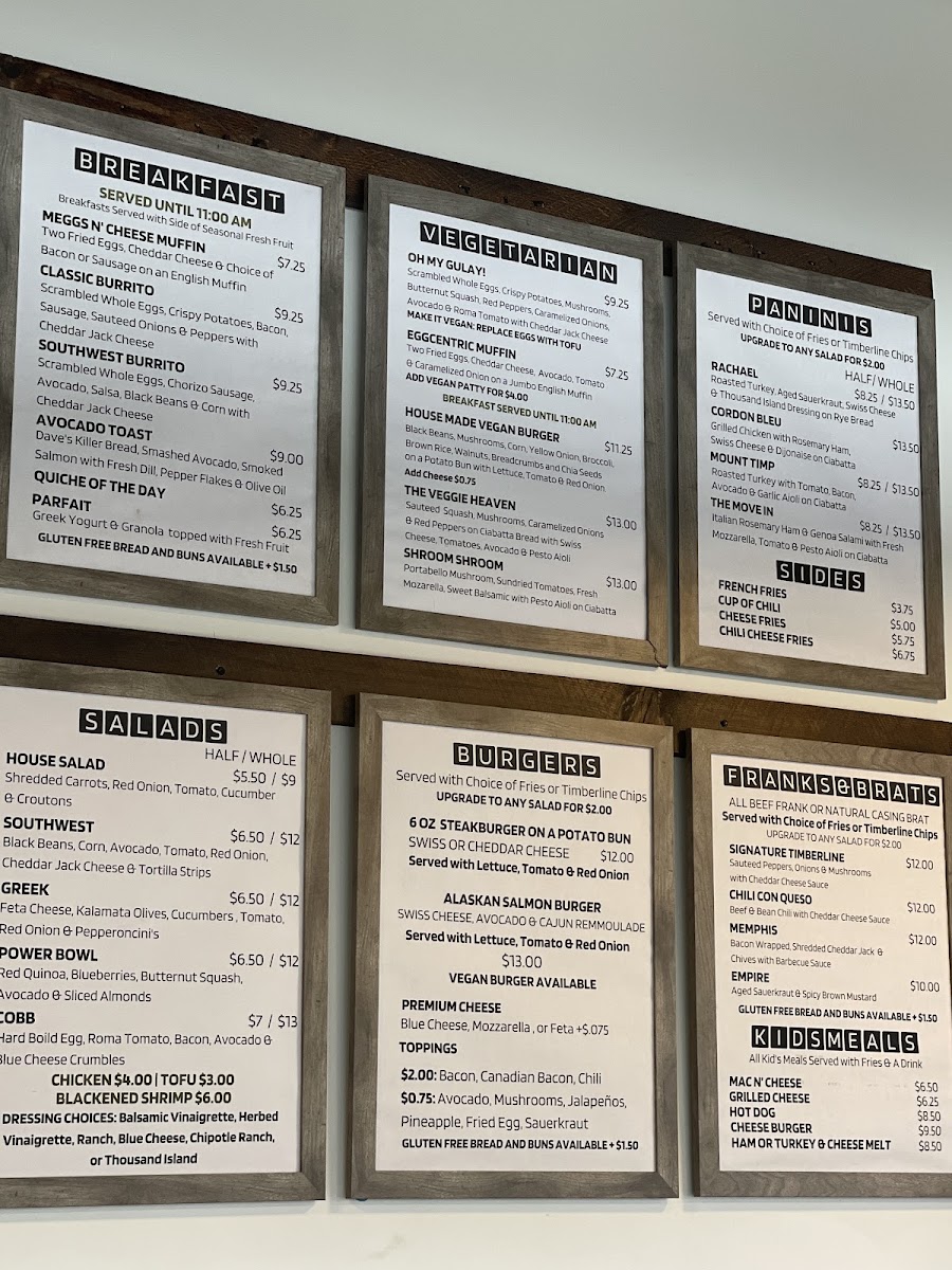 Meg's Timberline Cafe menu board