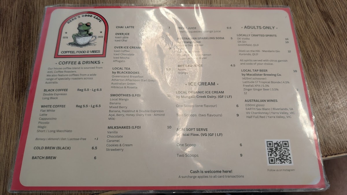 Here's Good Cafe (Frogs on Coondoo) menu board