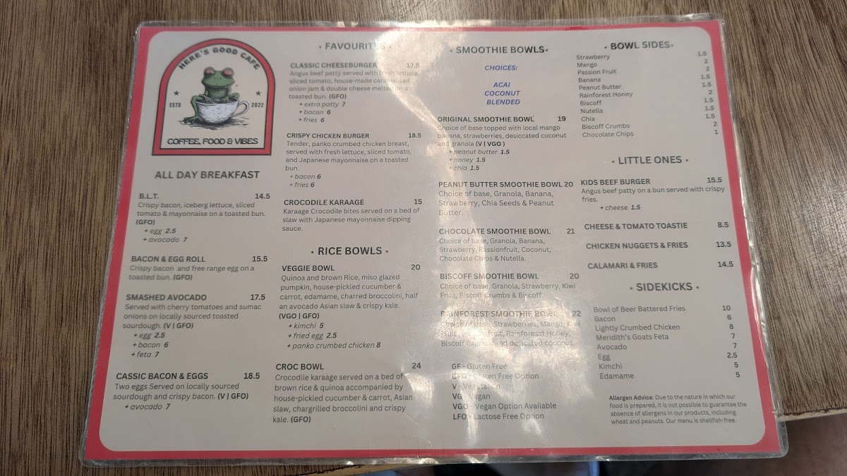 Here's Good Cafe (Frogs on Coondoo) menu board