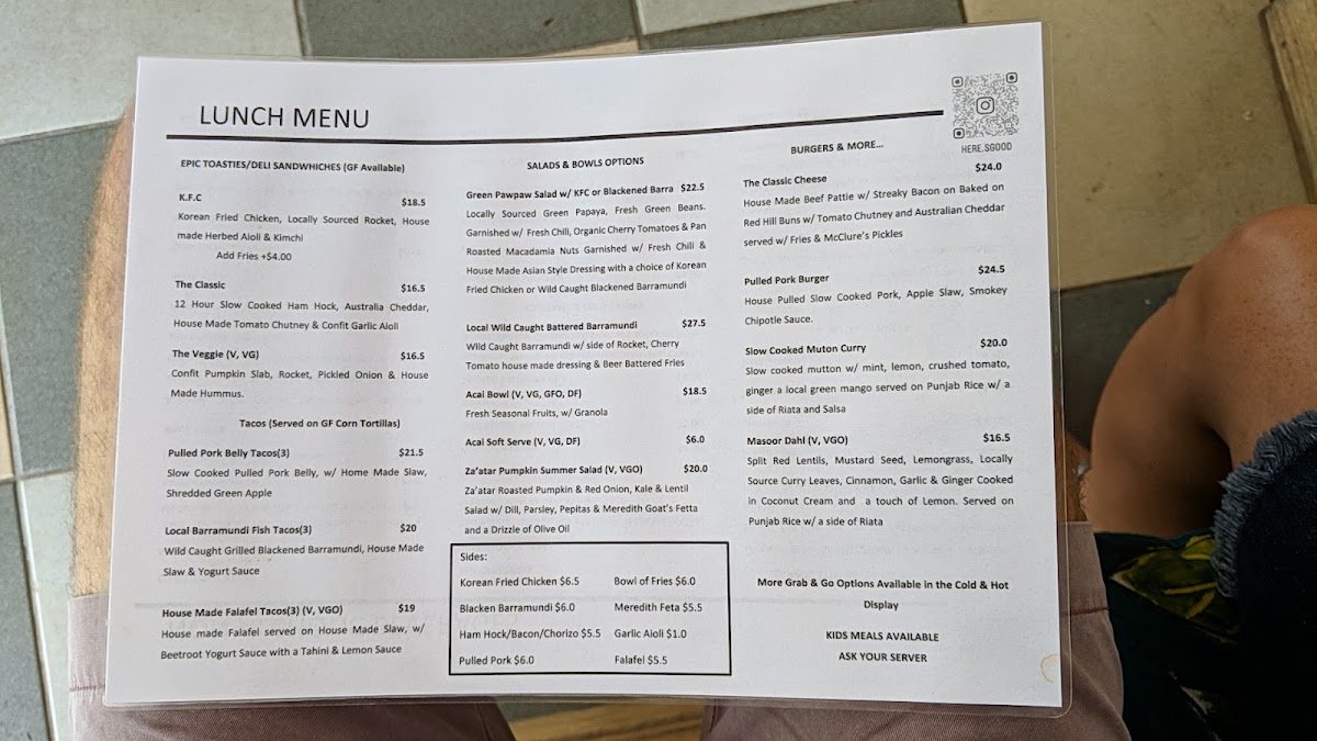 Here's Good Cafe (Frogs on Coondoo) menu board