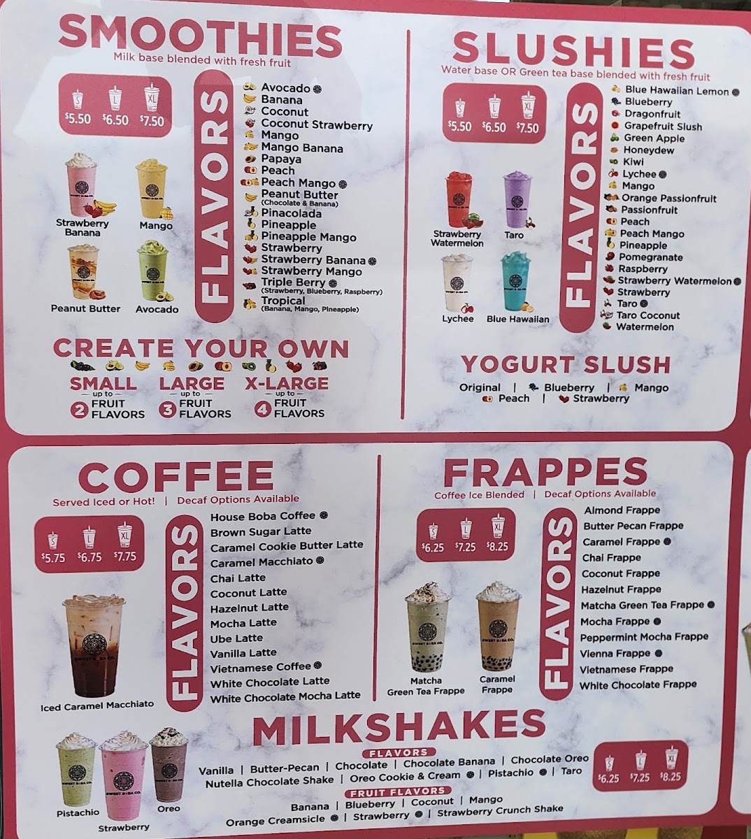 Sweet Boba Co menu board