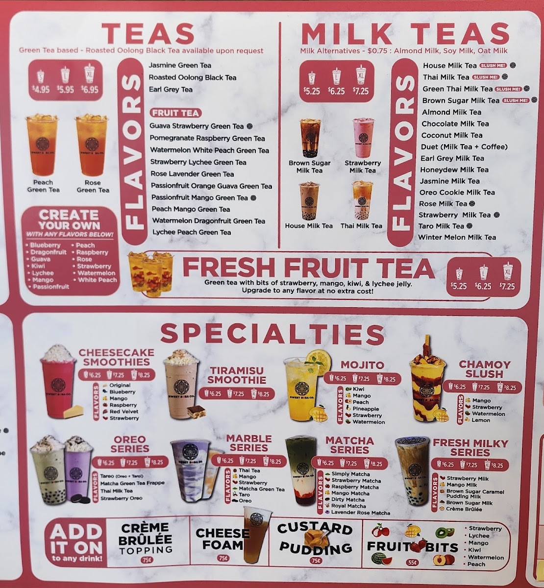 Sweet Boba Co menu board