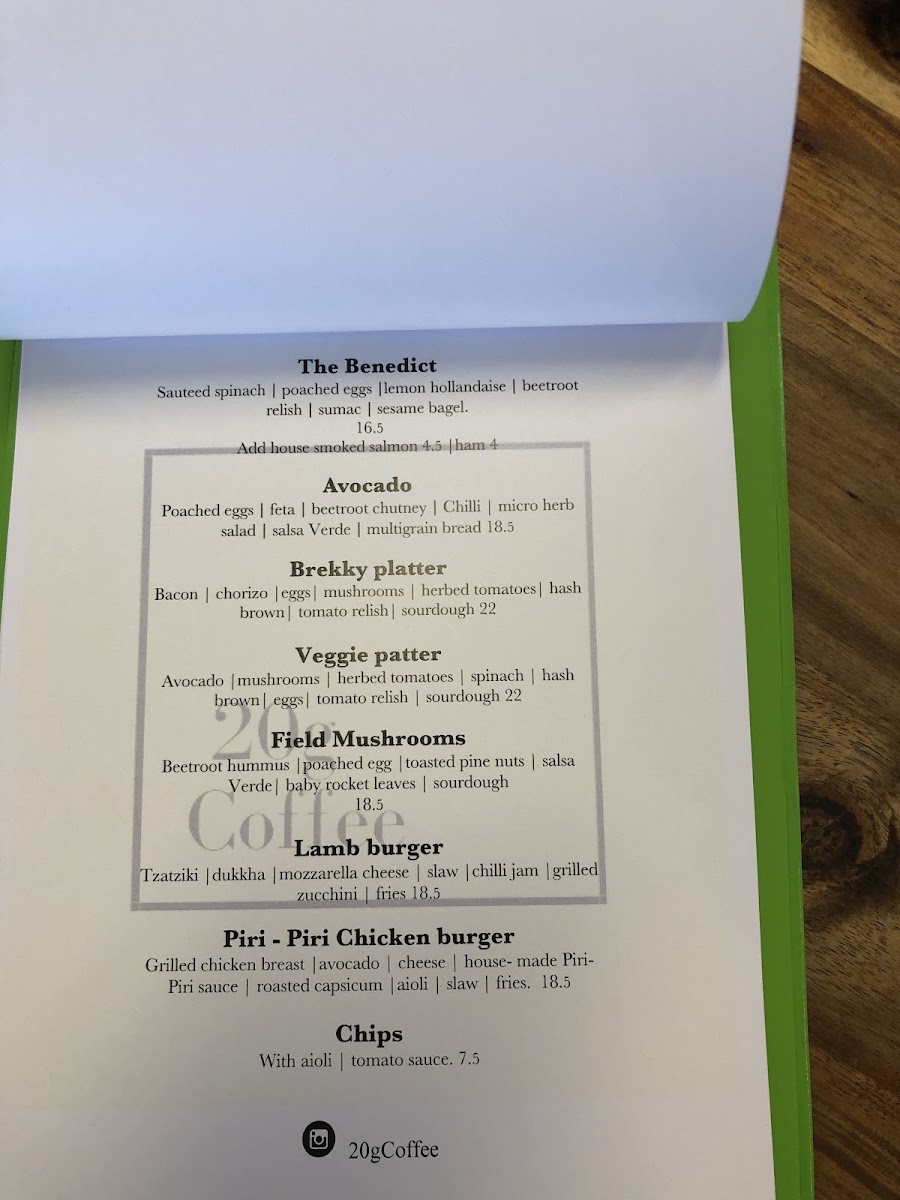 20g Coffee Cafe menu board