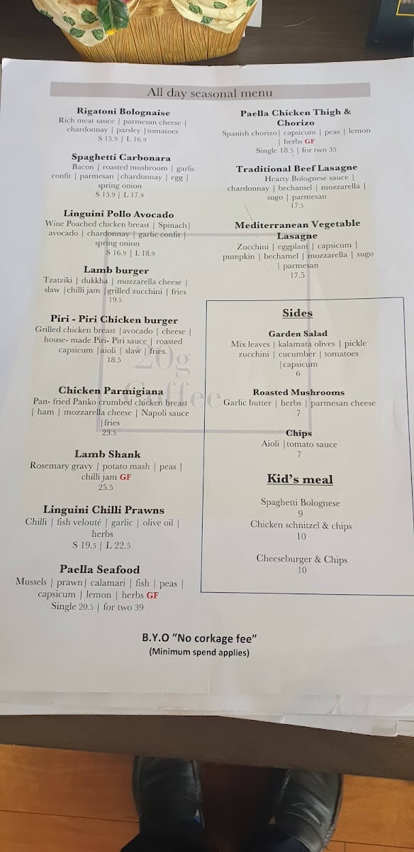 20g Coffee Cafe menu board
