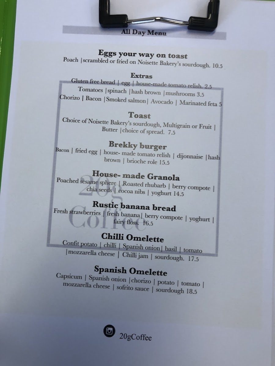 20g Coffee Cafe menu board