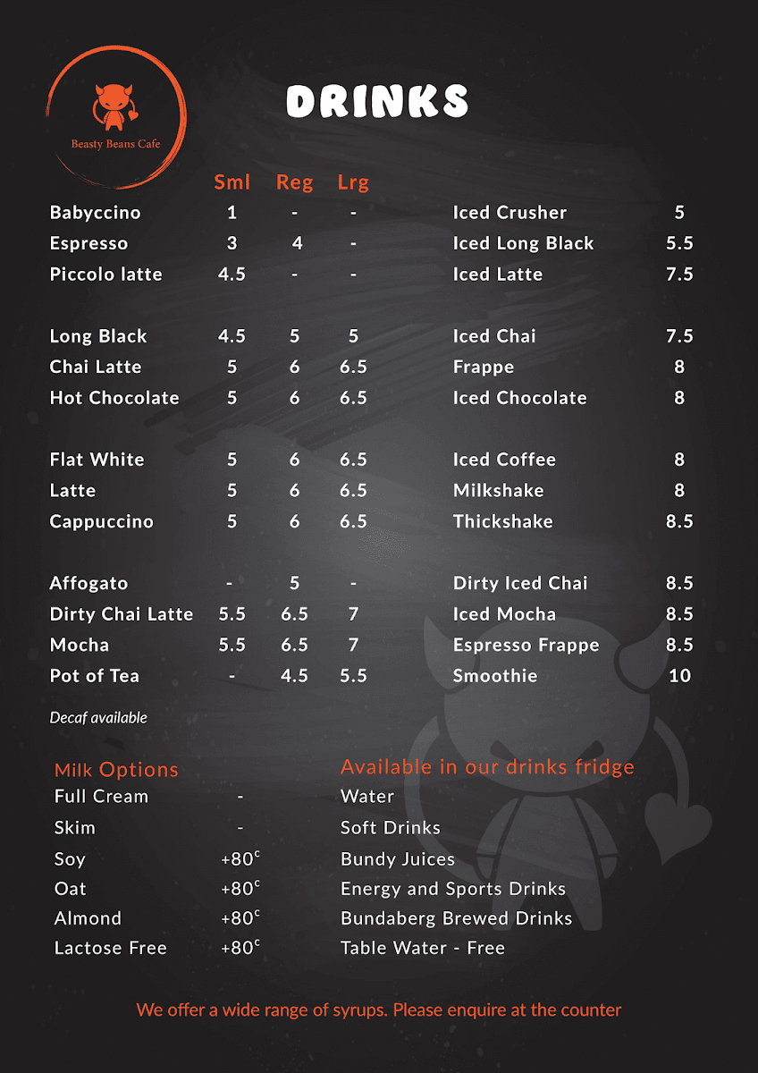 Beasty Beans Cafe menu board