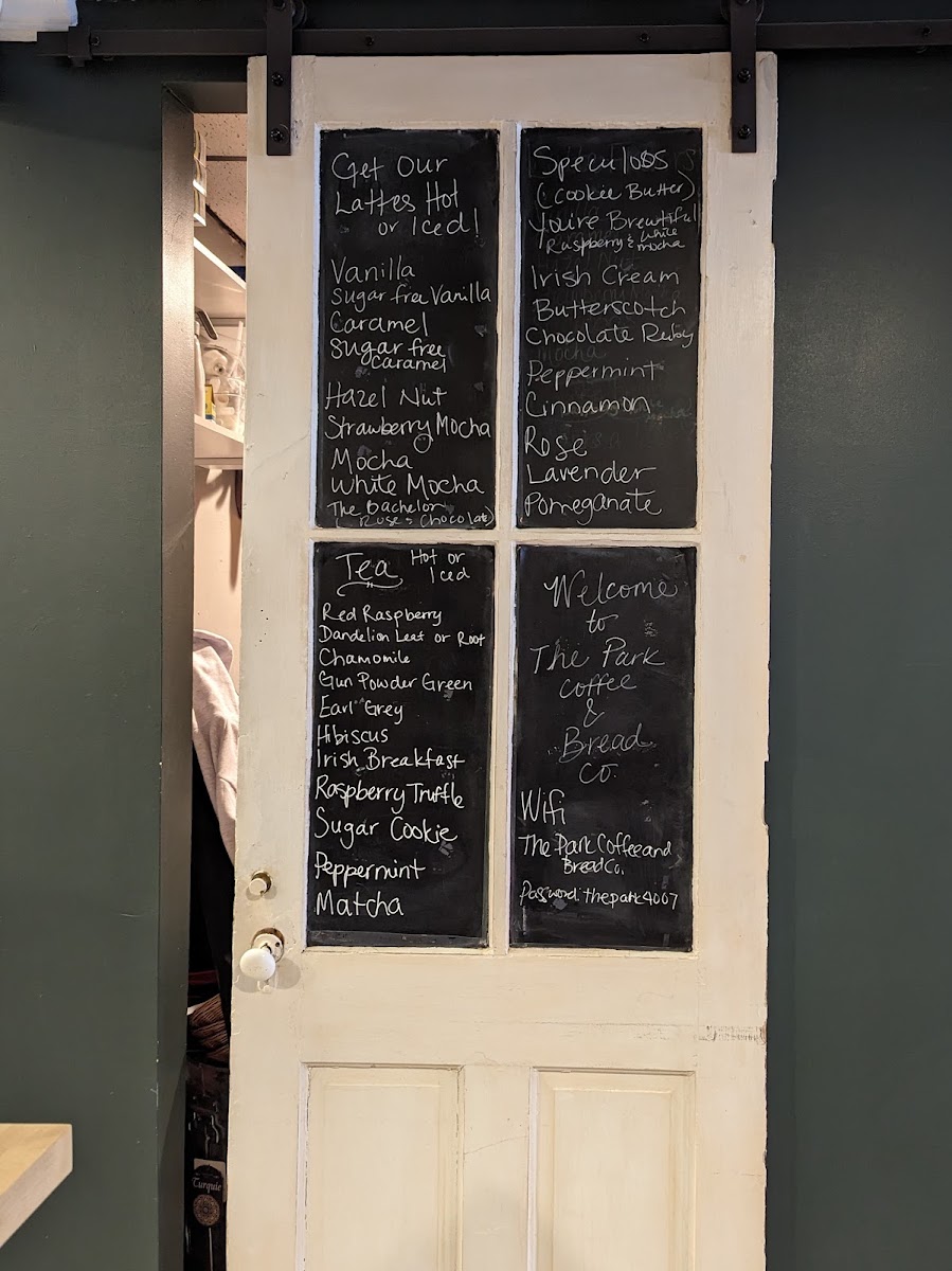 The Park Coffee & Bread Co. menu board