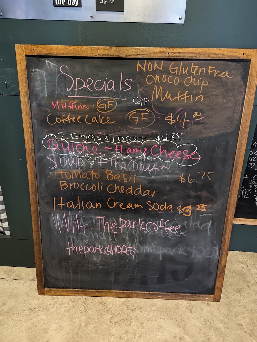 The Park Coffee & Bread Co. menu board