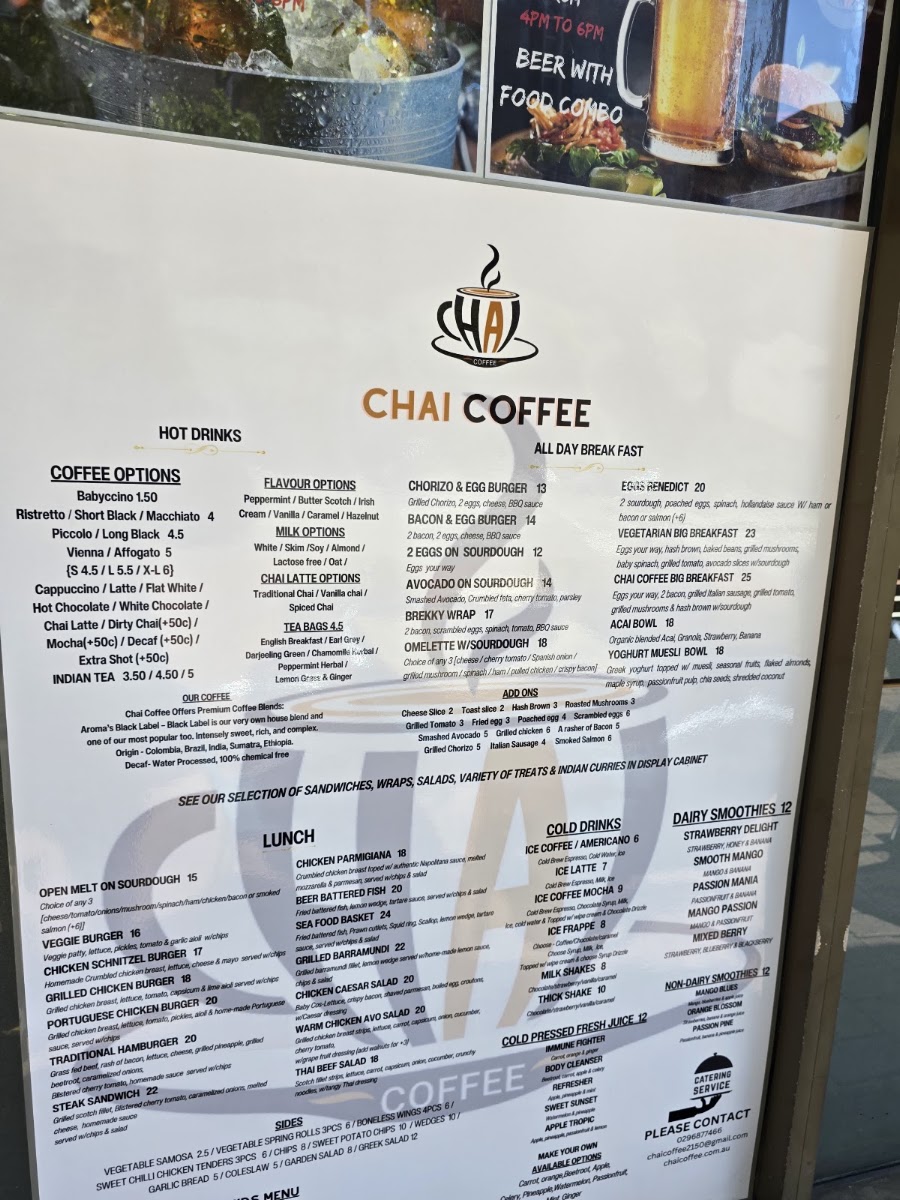 Chai Coffee menu board