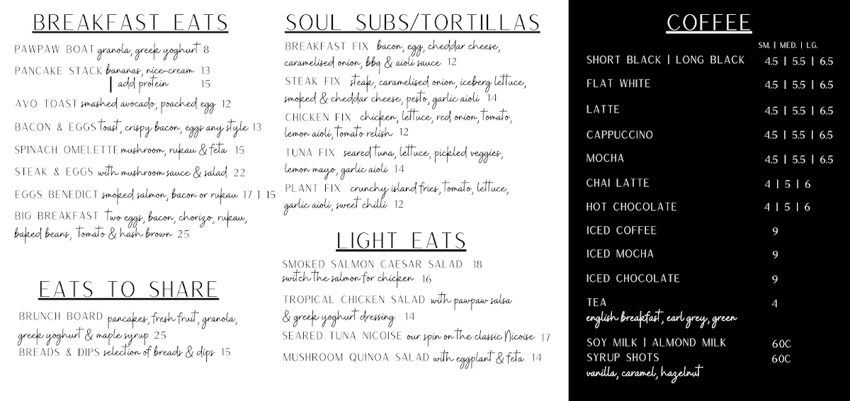 Soul Cafe & Barber menu board