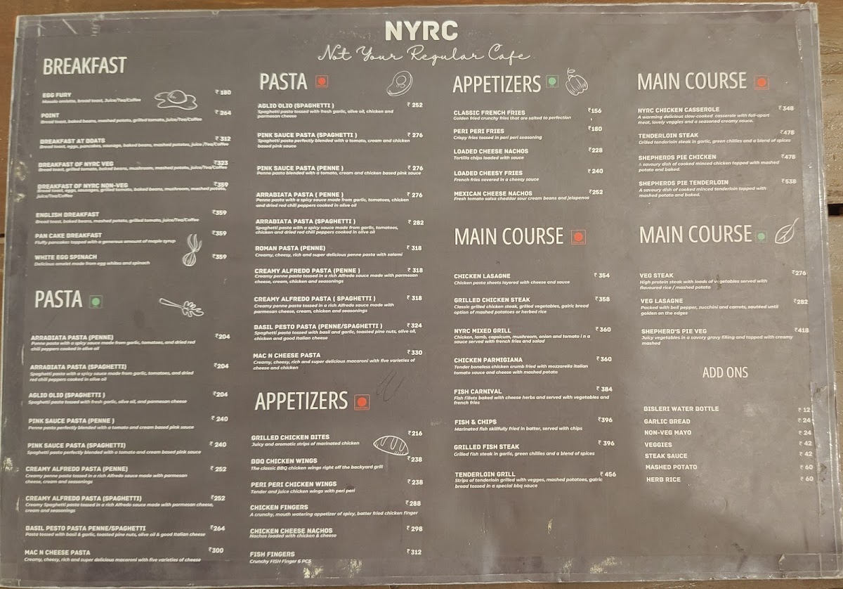 NYRC - Not Your Regular Cafe menu board