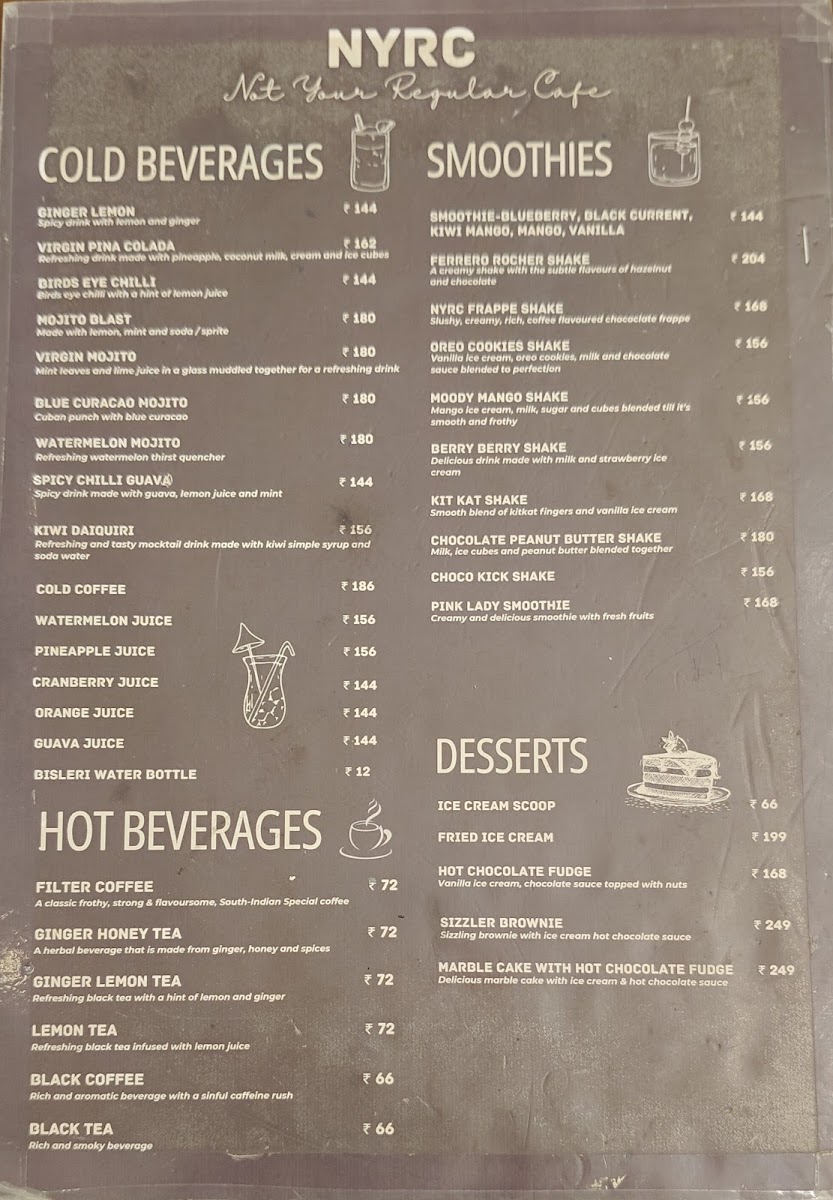 NYRC - Not Your Regular Cafe menu board