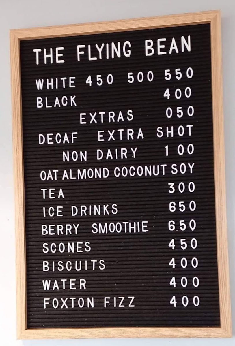 The Flying Bean Coffee Shop menu board