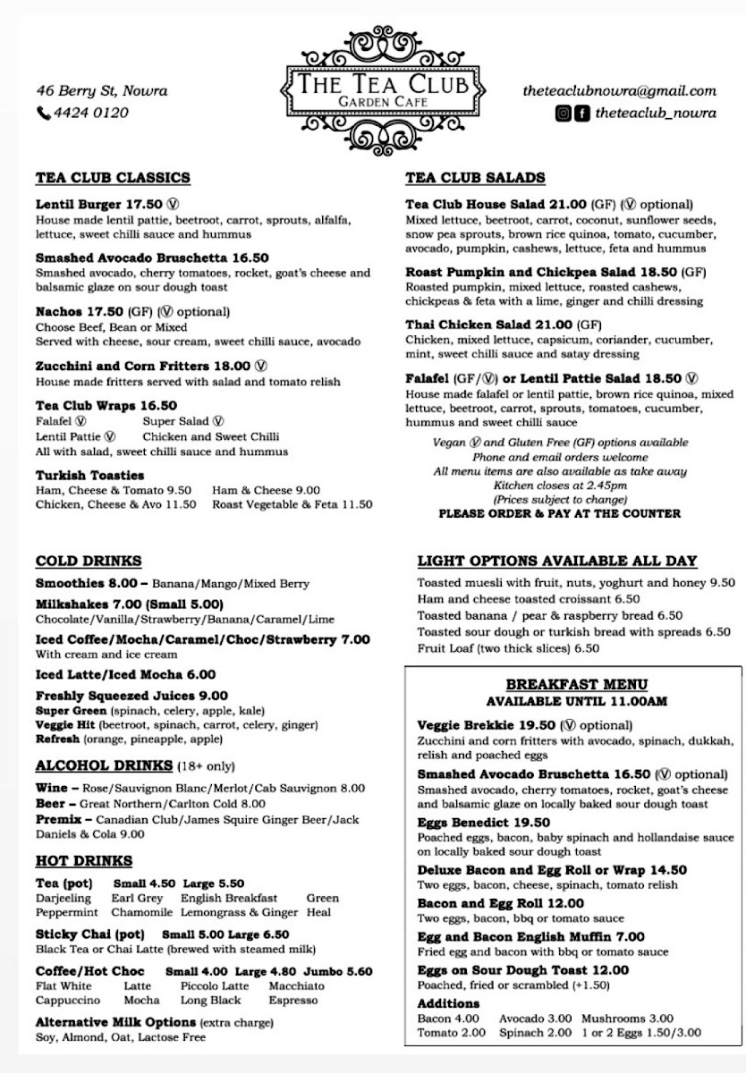 The Tea Club Cafe menu board