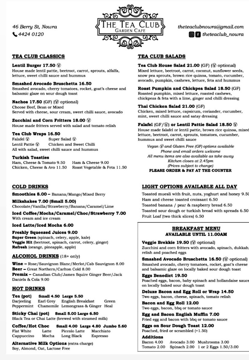 The Tea Club Cafe menu board