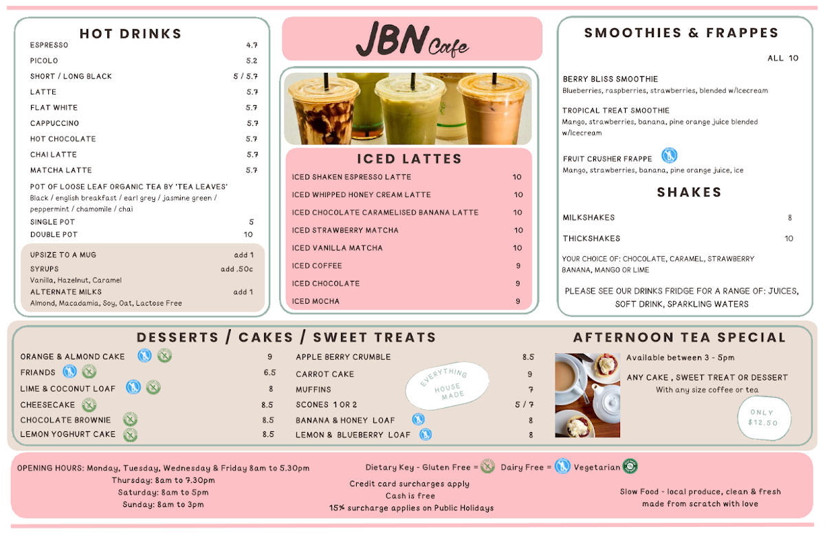 JBN Cafe menu board