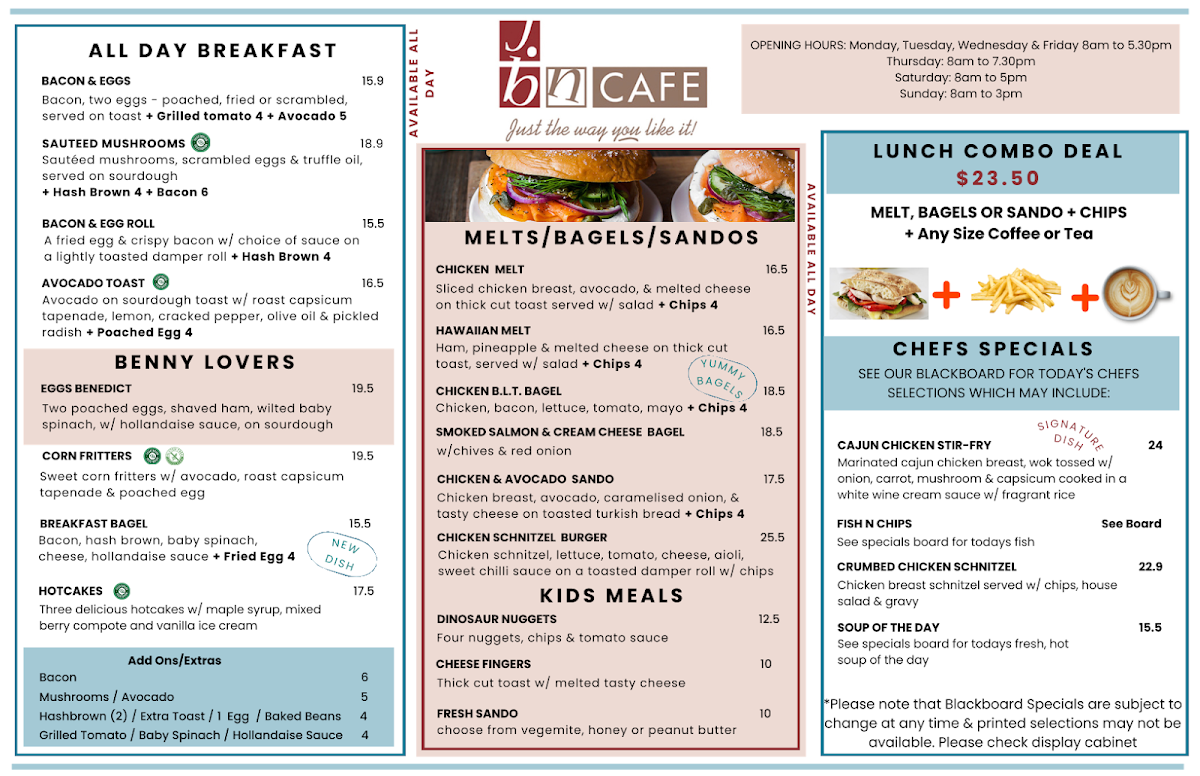 JBN Cafe menu board