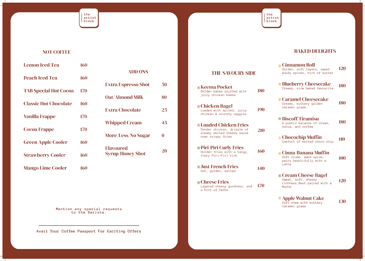 The Artist Block Cafe menu board