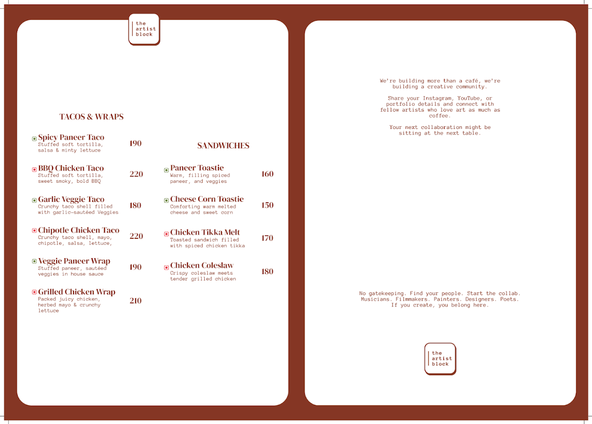 The Artist Block Cafe menu board