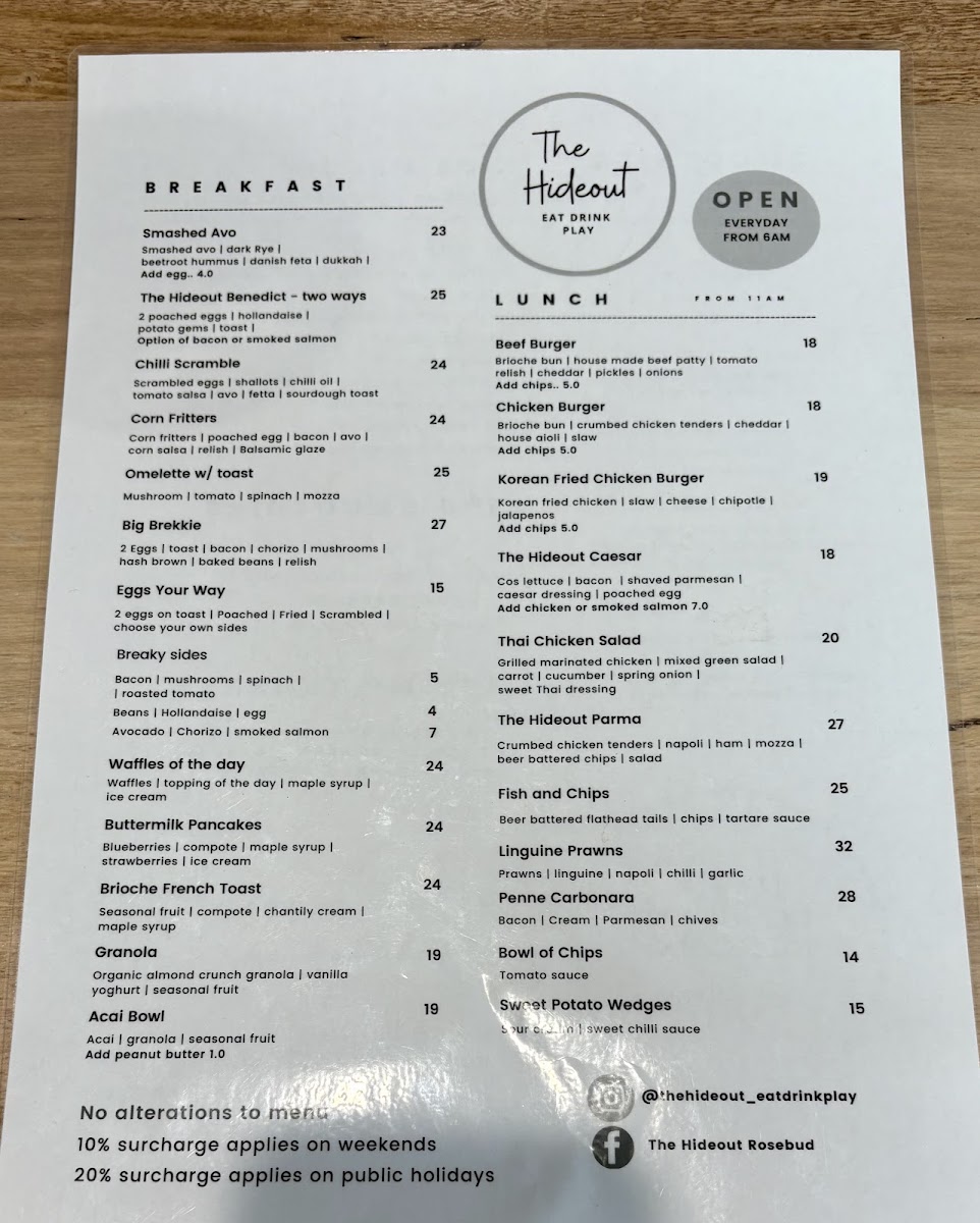 The Hideout Eat Drink Play menu board