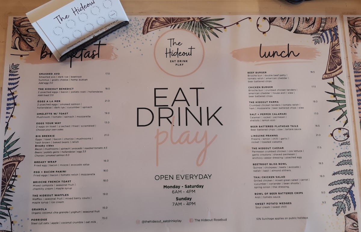 The Hideout Eat Drink Play menu board