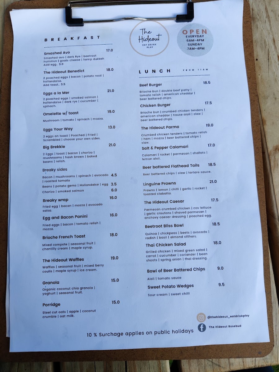 The Hideout Eat Drink Play menu board