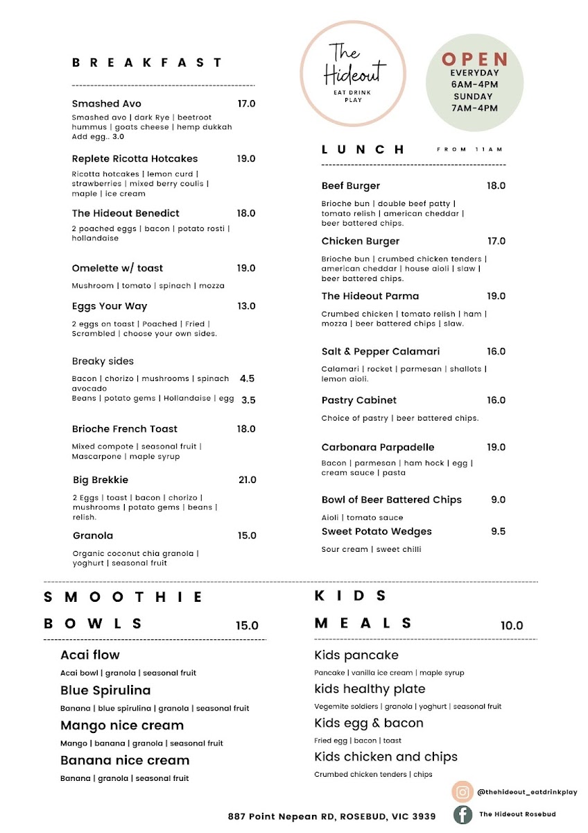 The Hideout Eat Drink Play menu board