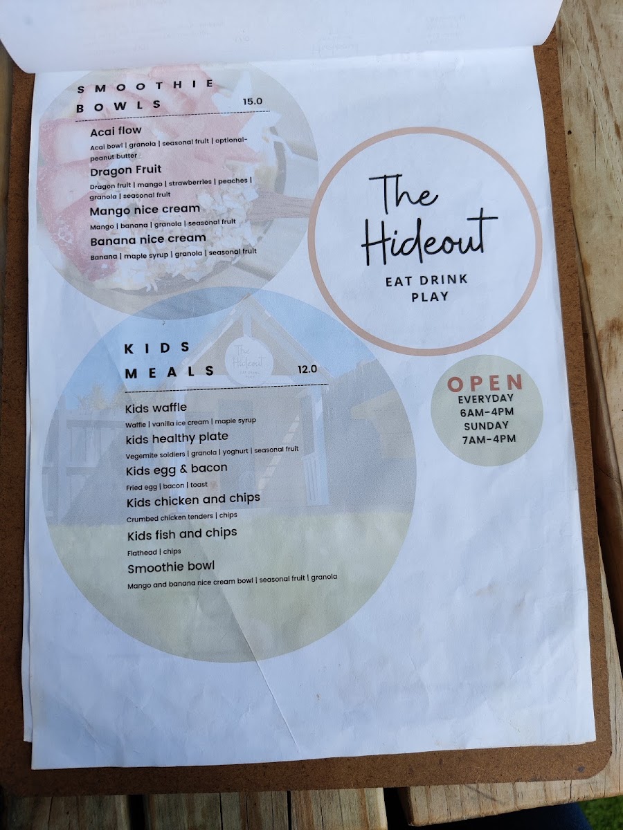 The Hideout Eat Drink Play menu board