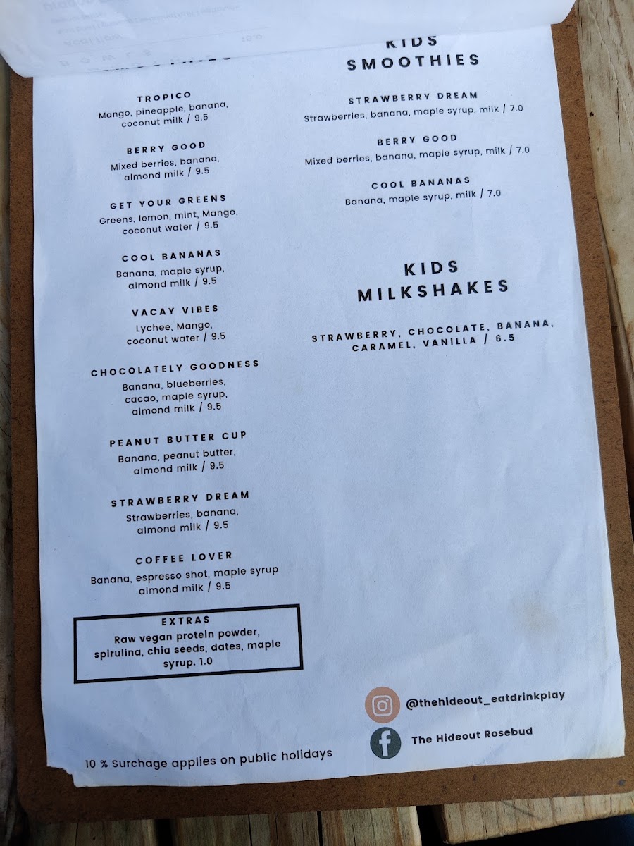 The Hideout Eat Drink Play menu board
