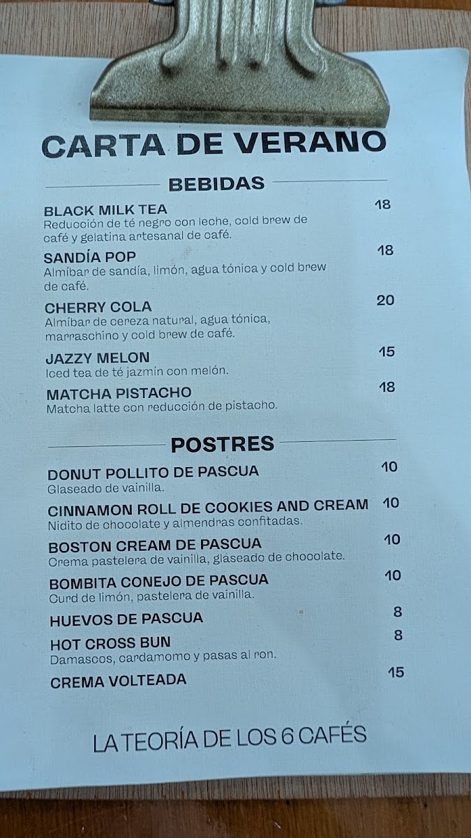 La Teoría de los 6 Cafés menu board