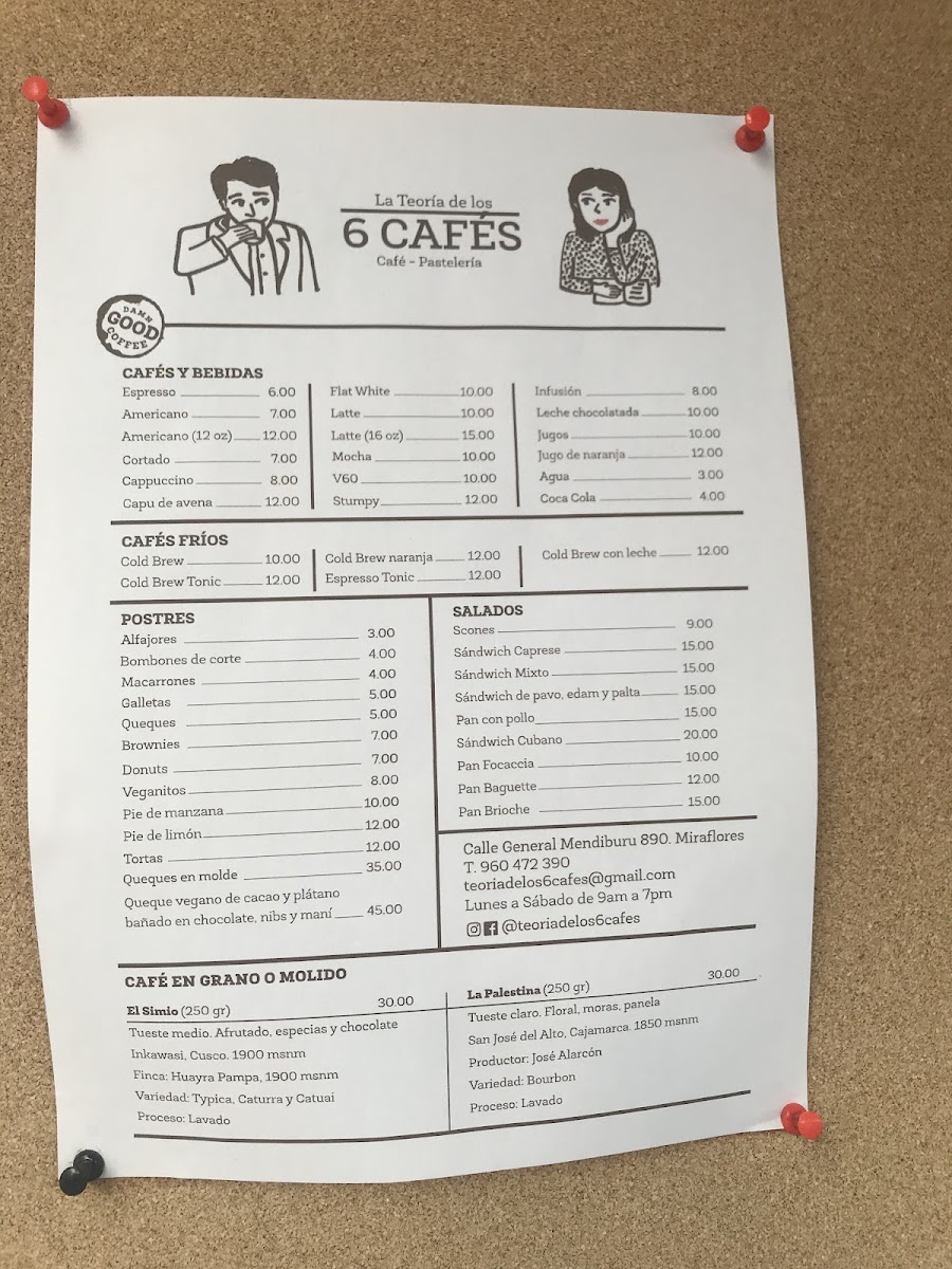 La Teoría de los 6 Cafés menu board