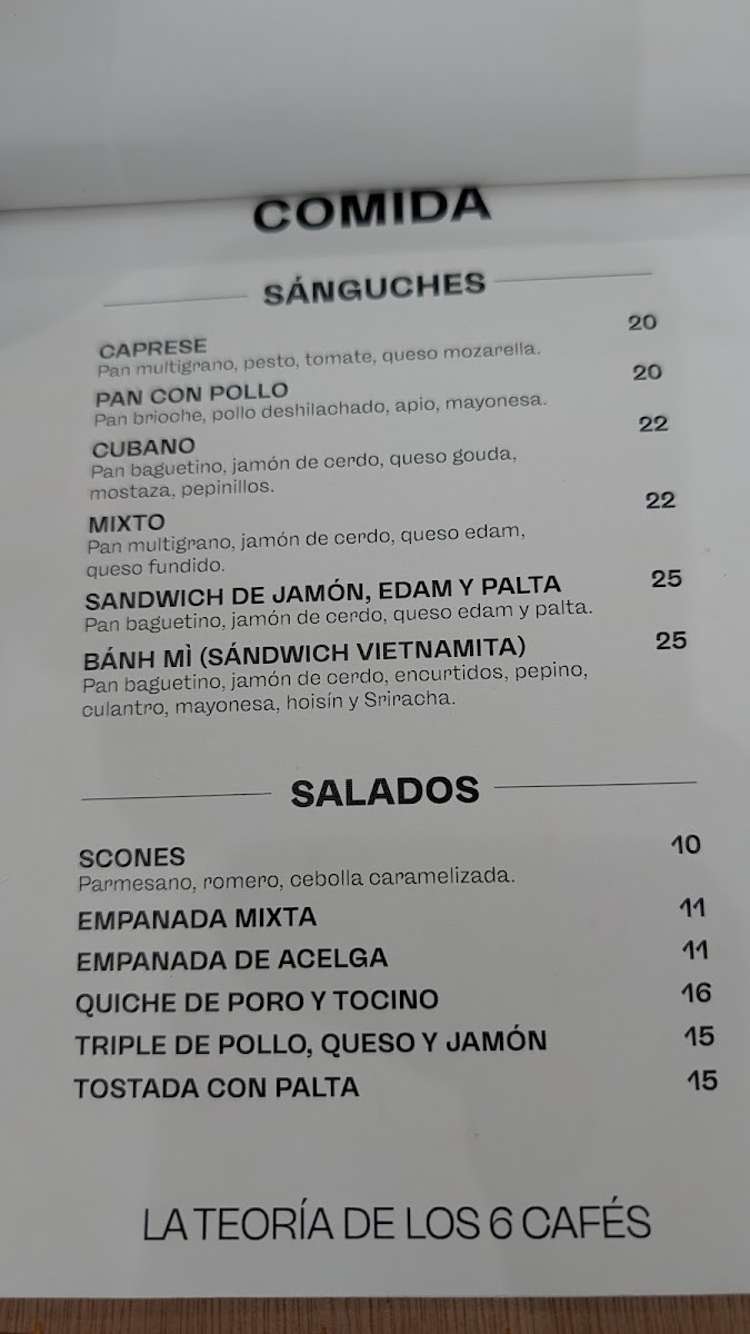 La Teoría de los 6 Cafés menu board