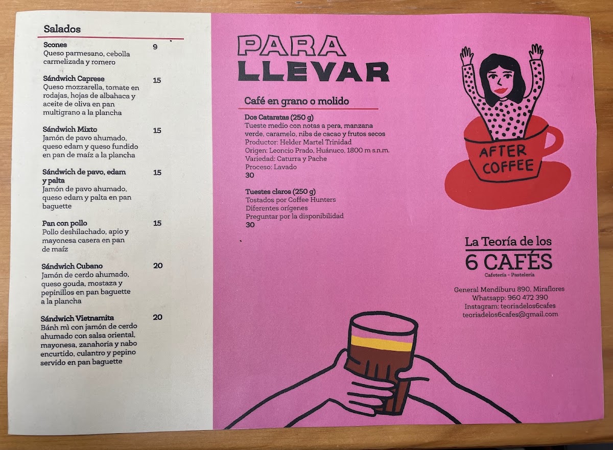 La Teoría de los 6 Cafés menu board