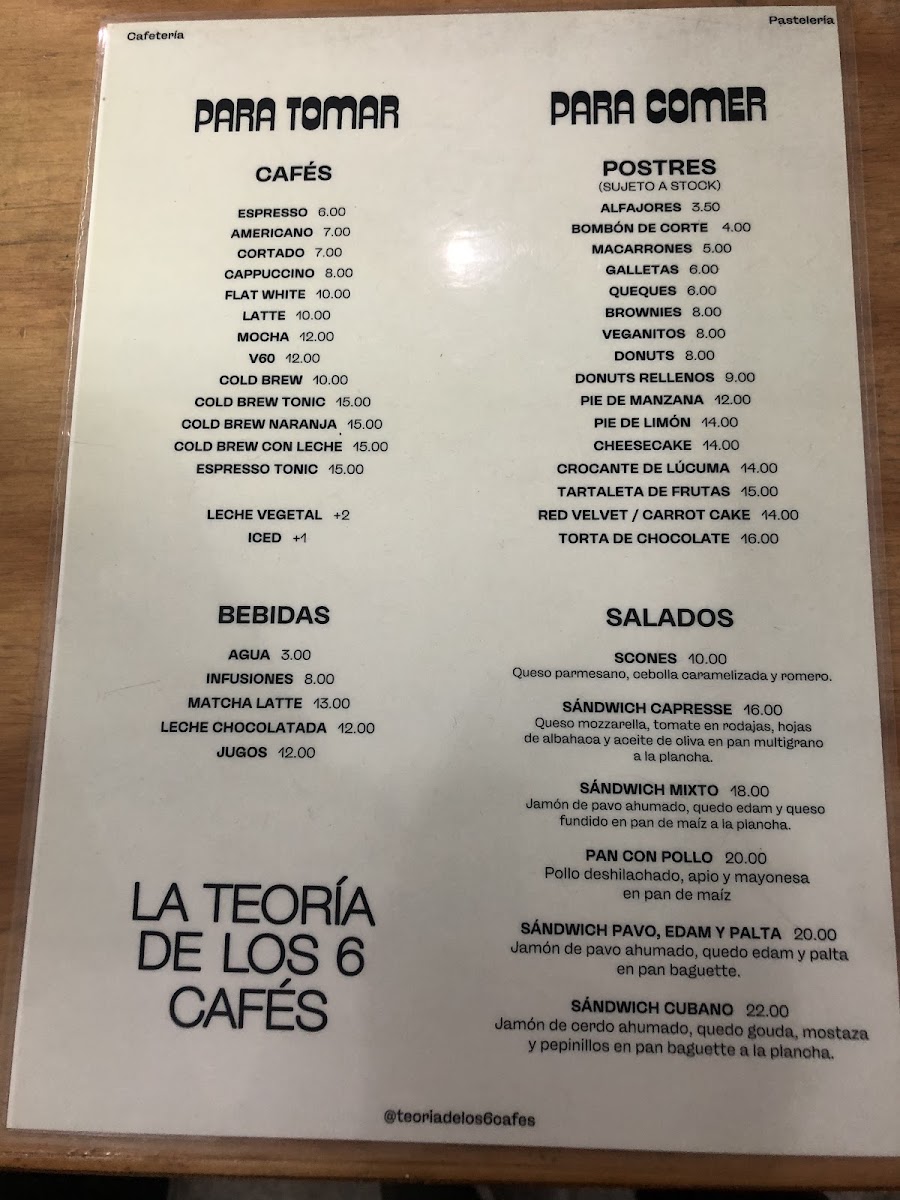 La Teoría de los 6 Cafés menu board