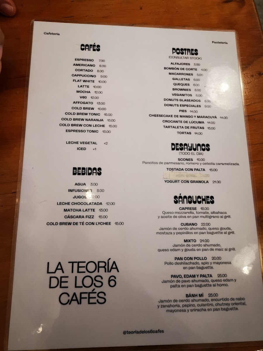 La Teoría de los 6 Cafés menu board