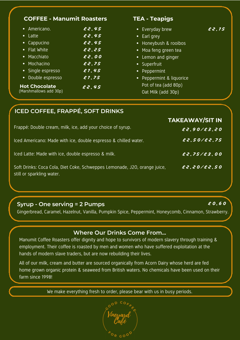 Vineyard Café menu board